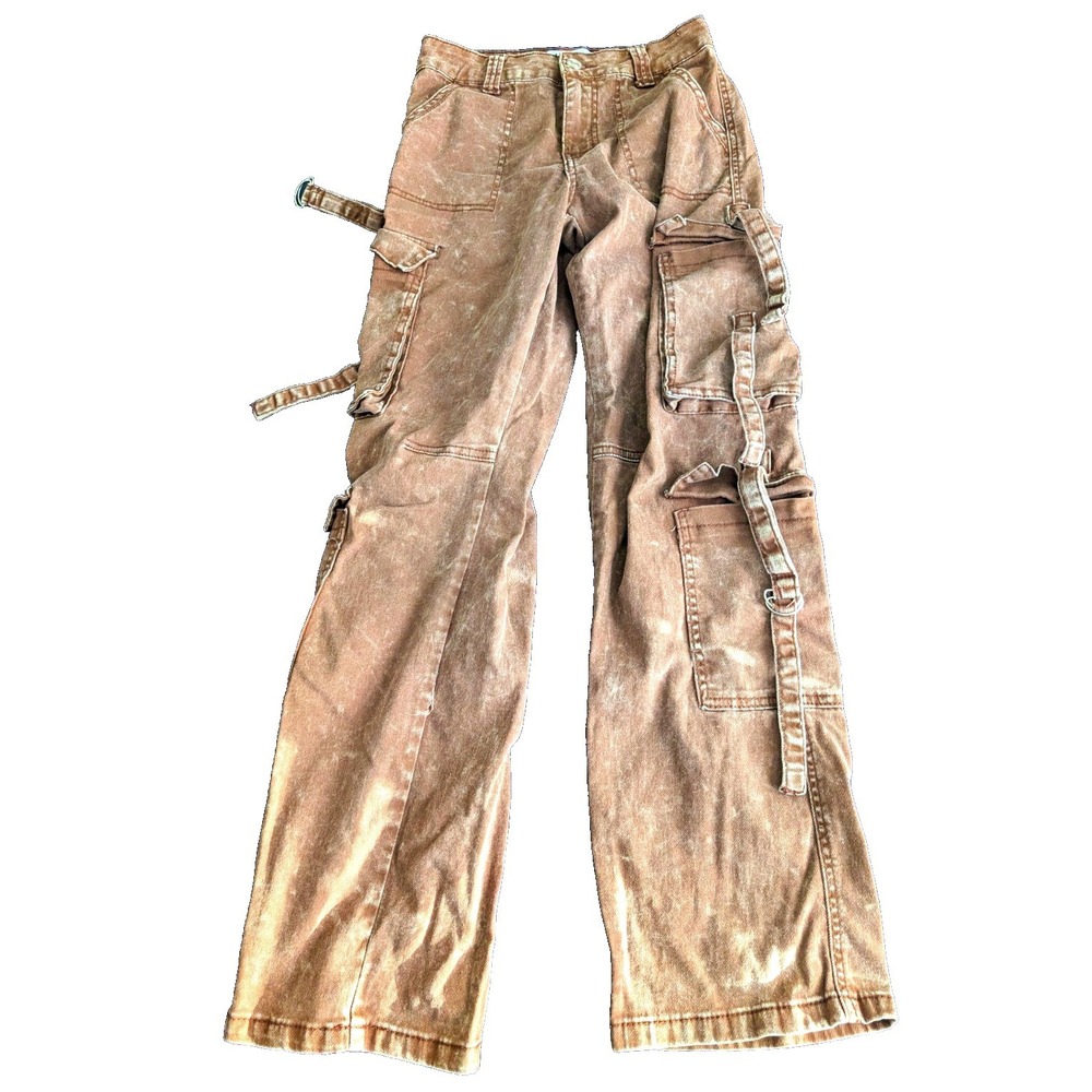 DISCLOSURE Cargo Pants Size 3/26 Brown Mineral Wash Straps D-Ring Y2K Wide Leg